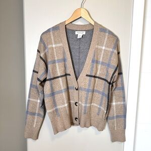Rachel Zoe Cardigan Sweater Tan Window Pane Plaid Button Down V Neck Size Medium